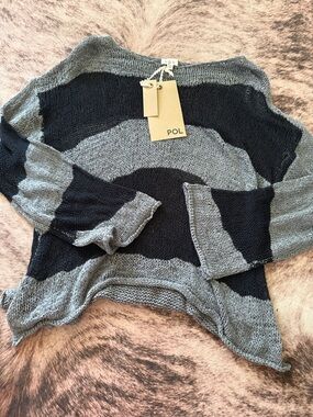 POL Gray and Black Wide-Stripe Crewneck Sweater